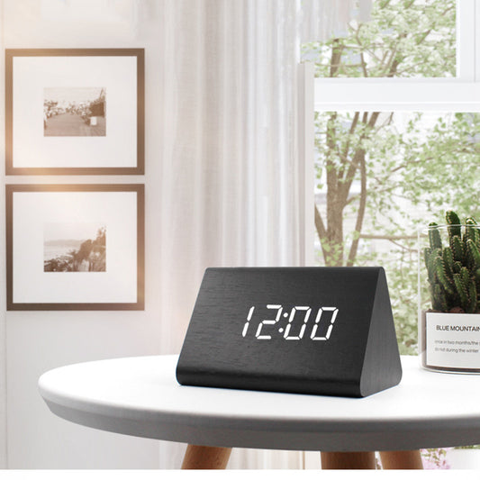Digital Alarm Clock, with Wooden Electronic LED Time Display, Humidity & Temperature Detect, 3 Alarm Settings, Wood Made Electric Clocks for Bedroom, Bedside
