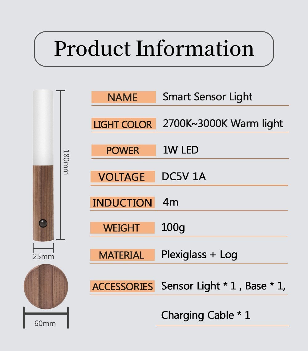 Auto led usb magnetic wood wireless night light corridors porch lights pir motion sensor wall light cabinet lam