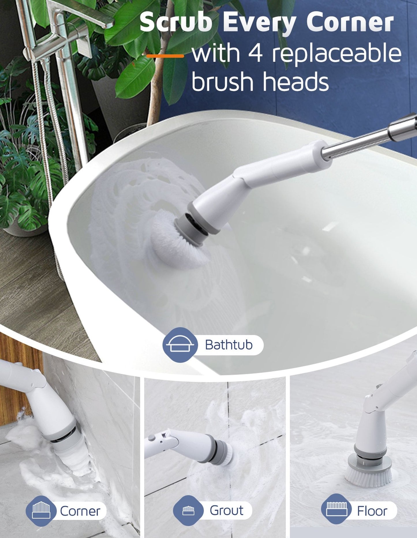 350rpm telescoping electric spin scrubber cordless brush heads cordless tub and tile scrubber
