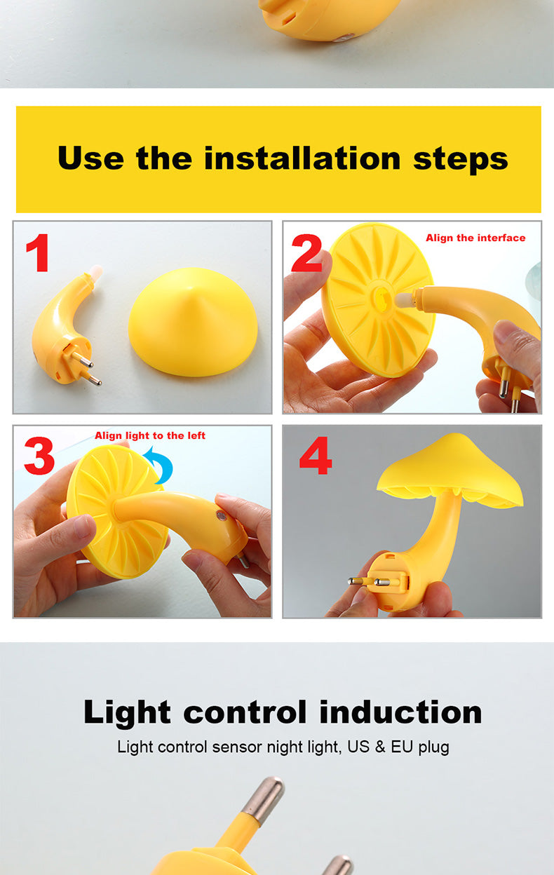 Led night light mushroom wall socket lamp eu us plug warm white light control sensor bedroom light home decoration